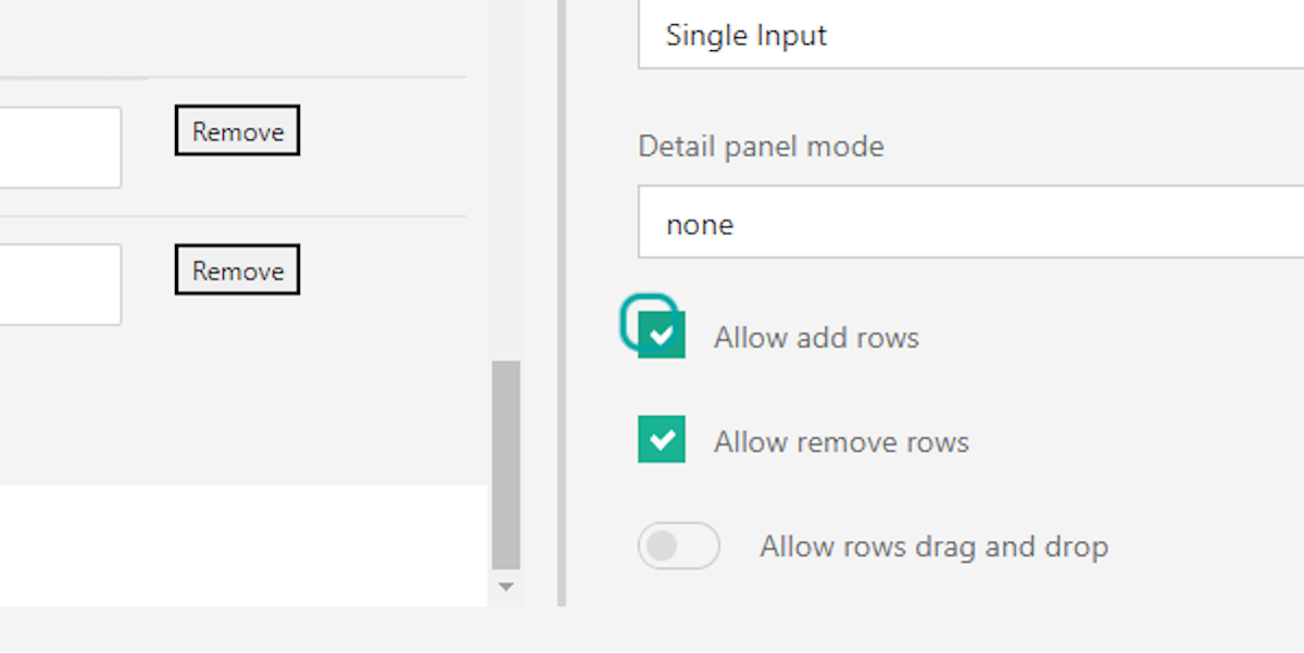 You have the option to allow the applicant to add or remove rows on the application by utilizing the "Allow add rows" and "Allow remove rows" checkboxes