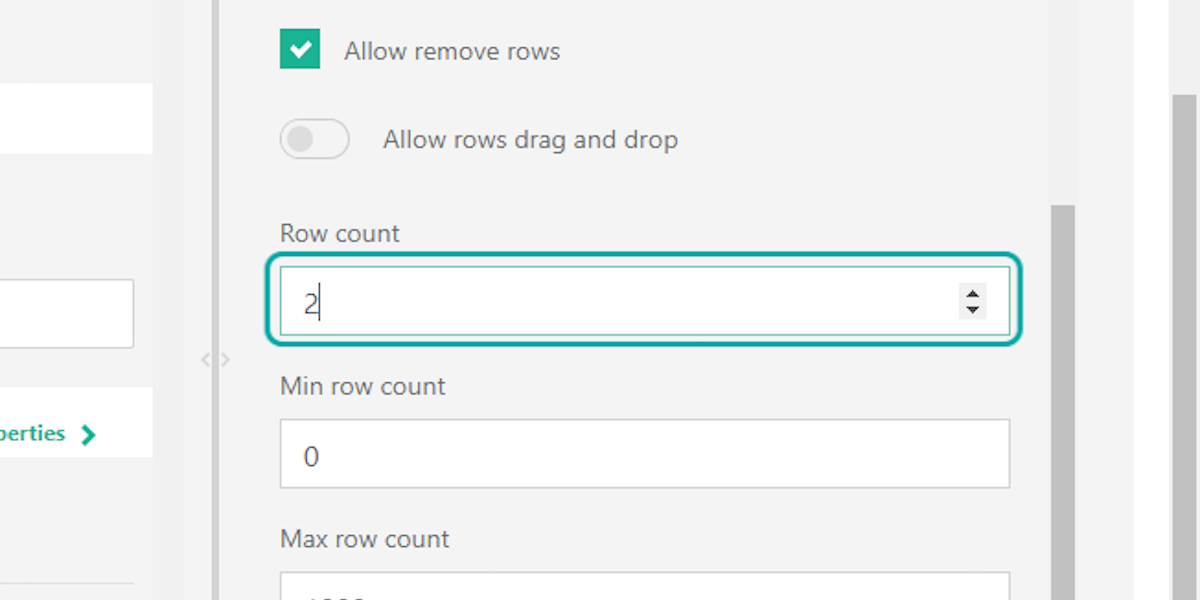 In the "Row count" field, you can set how many rows you'd like in your table