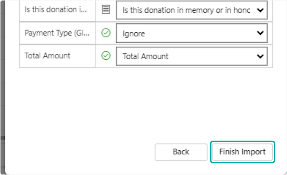 Once you have mapped all your fields, and you no longer see any red "!" icons, click on Finish Import