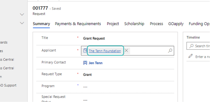 Find the Request record that was not started in GOapply. Make note of the Request number, as you will need it later. Click on the Applicant's name to go to their Constituent Record.